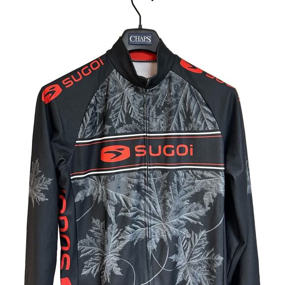 Sugoi Cycling Top Long Sleeve Black Gray Leaf Pattern Back Pocket Lined Size L - Picture 4 of 10